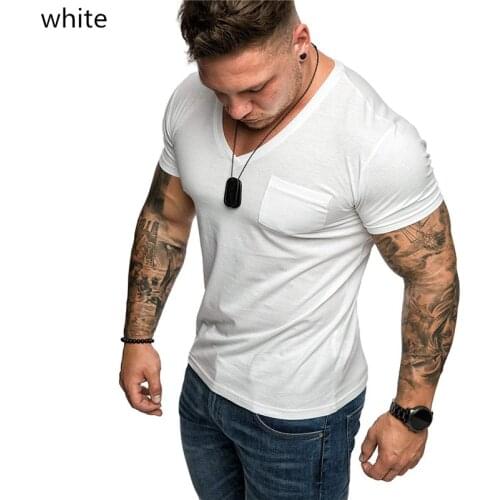 European and American summer fashion mens solid color V-neck T-shirt casual sports comfortable breathable slim suit
