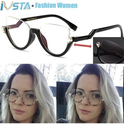 IVSTA with Diamond Rhinestone Women Glasses Myopia Optical Frames Lady Half Rim Cat Eye Oval Myopia Prescription Clear Luxury