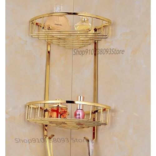 European Style Basket Gold Triangle All Copper Shelf Double Corner Net Basket Toilet Triangle