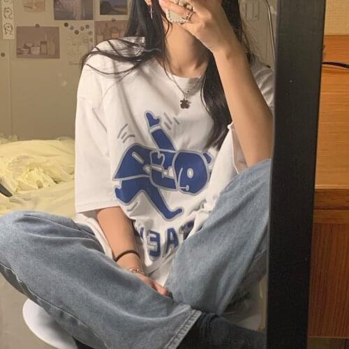 Summer college style cartoon print half-sleeved mid-length loose cotton round neck T-shirt simple and versatile casual women
