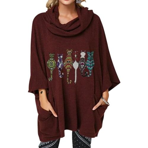 Hot Fashon Pullover Women Loose 3/4 Sleeve Autumn Plus Size 5XL Casual Harajuku Cute Printed Cat Hoodie Sweatshirt Women Moletom