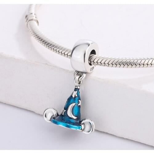 925 Sterling Silver Blue Enamel Star Moon Magic Christmas Hat Pendant Charm Bracelet DIY Jewelry Making For Original Pandora
