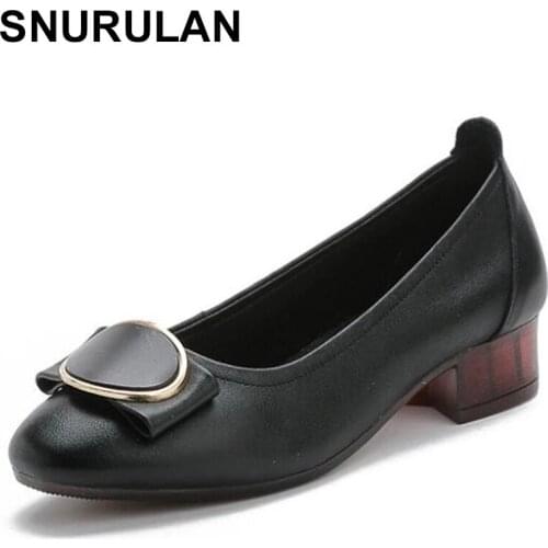 SNURULANPromotion 2021New Round Toe Bow Low-heel Shoes Fashion Breathable Cowhide Leather Shoes Concise Comfort Work Shoes Women