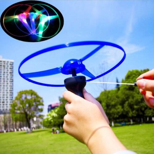 LED Flashing Plastic Pull String Flying Saucer Propeller Toy Disc Helicopter New Flashing Puu String Flying With Lights Saucer