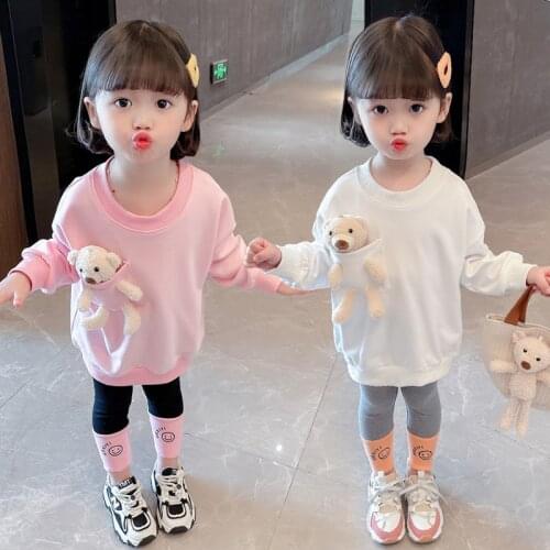 Girls Cartoon Sweater Set 2021 Spring And Autumn Baby Toddler Leisure Sports Two Piece Sets Children Clothing With Bear Doll