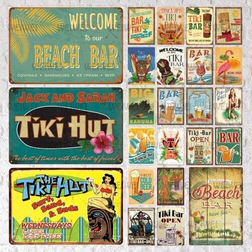 Tiki Bar Wall Decor Metal Sign Plaque Metal Summer Tiki Sign Metal Plate for Tiki Bar Beach Bar Decorative Iron Painting