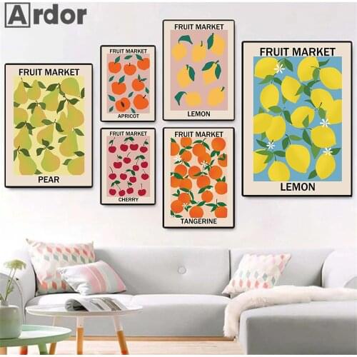 Cherry Lemon Pear Vintage Poster Fruit Market Wall Art Canvas Painting Mural Art Print Pictures Living Room Kitchen Home Decor