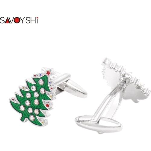 SAVOYSHI Christmas Tree Cufflinks for Mens Shirt Enamel Cuff buttons Crystals Cuff links Special Party Gift Free engraving