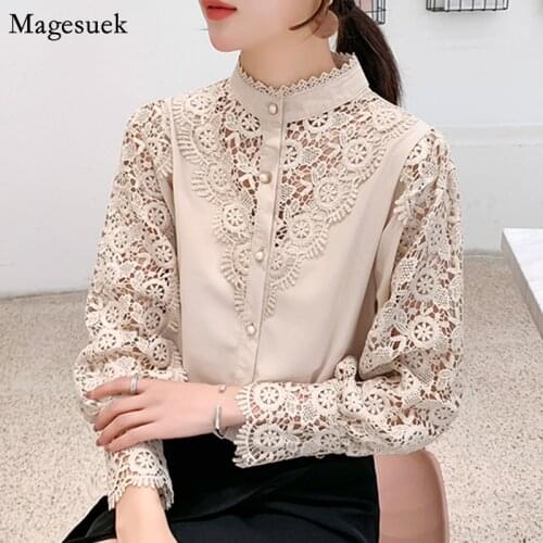 Spring New Stand Collar Crochet Lace Blouse Women Button Lace Patchwork Shirt Hook Flower Hollow Lantern Sleeve Tops Blusa 13324