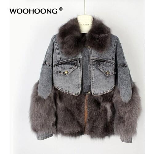 Womens Natural Fox Fur Jacket Real Fur Coat Stitching Denim Jacket Loose Down Liner Street Wear