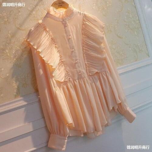 Long sleeve sweet pleated womens Early Spring Court wind Waist Chiffon Shirt PINK edge stand collar 2020 shirt lady lotus leaf