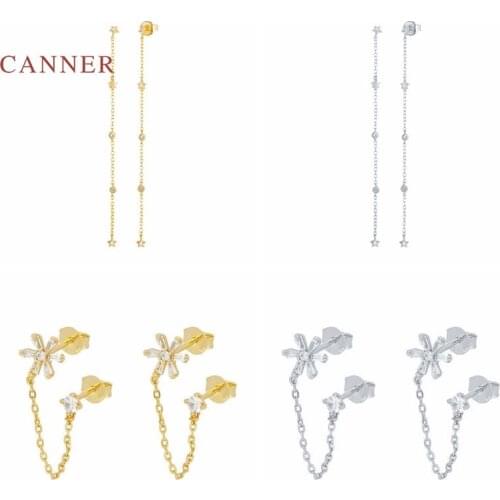 CANNER Real 925 Sterling Silver Earrings For Women Mini Star Geometric Flower Chain Tassel Stud Earrings Three Zircon Jewelry