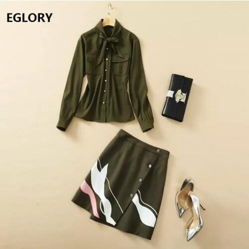 2021 Spring Fashion 2 Piece Set High Quality Runway Women Bow Collar Army Green Tops Shirt+Abstract Print Mini Skirt Set Casual