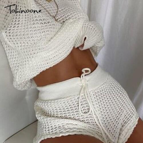 Tobinoone Knitted Tracksuit Women Long Sleeve Crop Top Drawstring Shorts Two Piece Set Streetwear Hollow Out Autumn 2 Piece Set