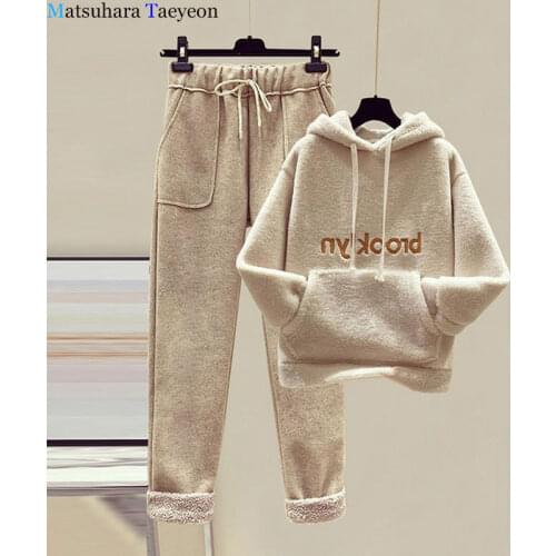 Embroidery 2 Pieces Set Women Knitted Tracksuit Hoodie Sweater + Carrot Jogging Pants Pullover Sweater Set CHIC Knitted Outwear