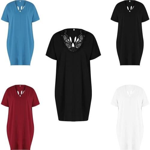 2021 New Women Summer A-line Dress Adults Loose Cutout Solid Color V-neck/Lace Collar