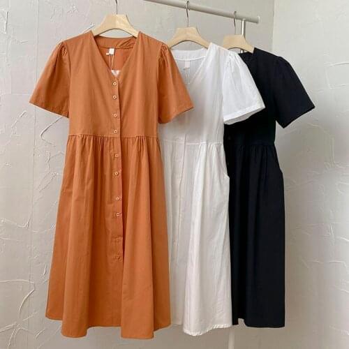 Gentle Style Dress Womens 2021 New Summer Korean College Style Girly Loose Solid Color Wild V-Neck Mid-Length Dresses Female