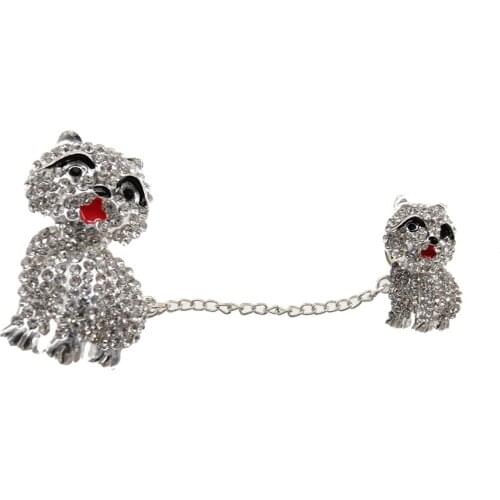 10 pieces/lot free shipping Wholesale Fashion Silver Crystal Two Dogs with Chian Animal Brooch Pin