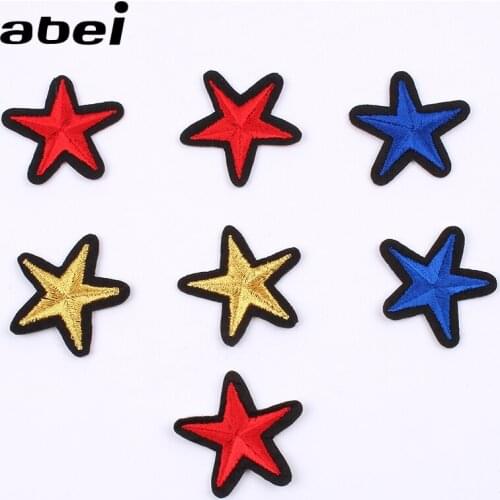 10pcs/lot Embroidered Gold Star Patch Iron On Blue Red Stickers Garments appliques DIY Clothes Jeans Badge Coats Bags Patches