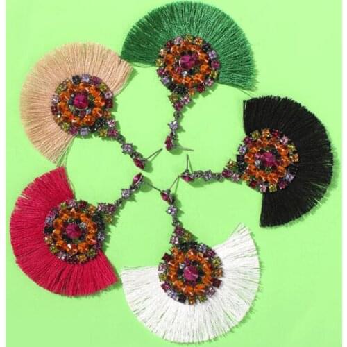 Amaiyllis Bohemia Fan Shaped Tassel Earrings For Women Ethnic Big Fringe Earrings Vintage Rhinestone Statement Pendant Earrings