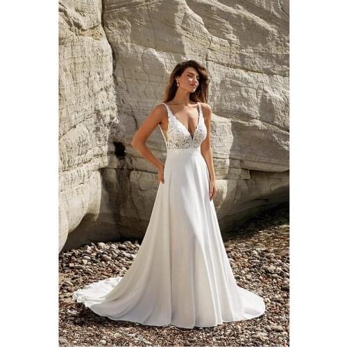 White Satin Chiffon V-Neck Sleeveless Floor-Length A-Line Wedding Dresses Chapel Train Bridal Gowns Custom Made