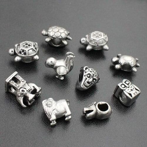 4-5mm Hole 316l Stainless Steel Vintage Tortoise Bead Animal Charm Fit Original Charm Bracelet Necklace DIY Jewelry Making