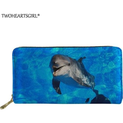 Twoheartsgirl Dolphin PU Leather Women Zipper Long Wallet Ladies Purse Female Wallets Purse Card Holder coin cash bag femme
