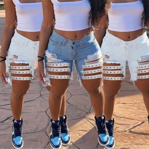 Women Denim Shorts Light Blue Pocket Female Casual Broken Holes Short Jeans Low Waist Shorts For Lady