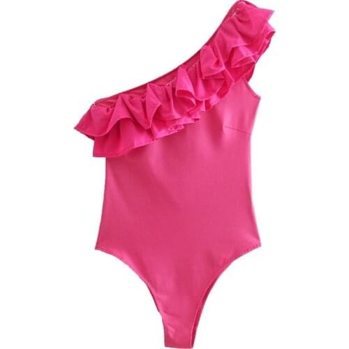 TRAF Women 2021 Fashion Sexy Single Shoulder Cascading Ruffles Asymmetric Slim Bodysuits Summer Beach Wear Rompers Streetwear