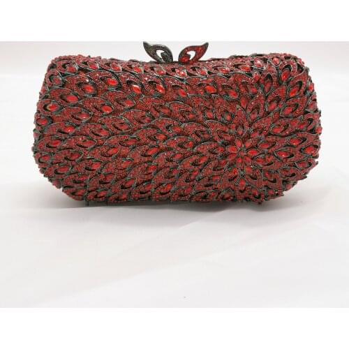 Handmade red Rhinestone Evening bag Clutch Bags Fashion Gold Metal Womens Party Purse Fashion Ladies Hollow Out Dinner Handbags