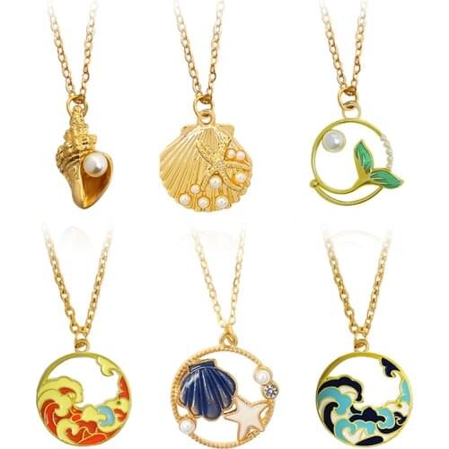 Round metal alloy Pendant Necklace Color waves Golden shell conch starfish fish tail Exquisite fashion necklace