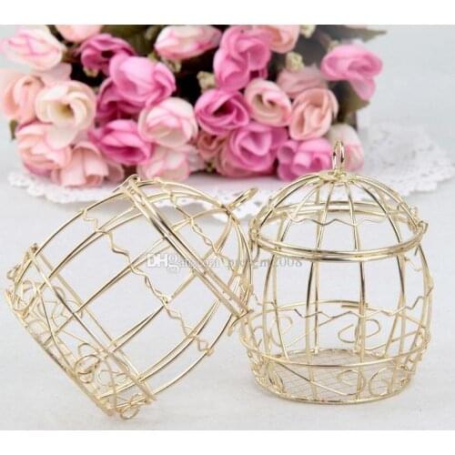 Hot sale Gold Wedding Favor Box European romantic wrought iron birdcage wedding candy box tin for Favors 50pcs/lot