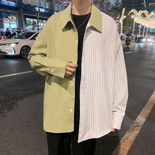 2021 Mens Striped Printing Clothes Shirts Loose Fashion Trend Camisa Masculina Streetwear Green/blue Color Shirts Size M-2XL
