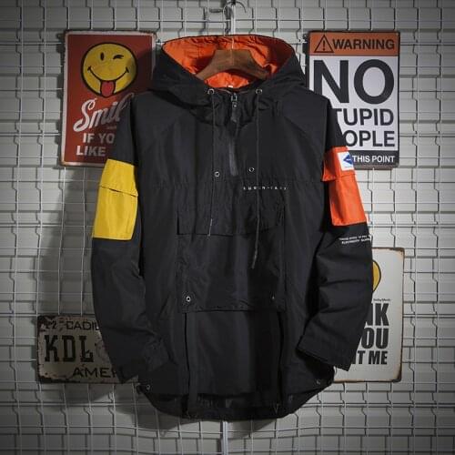 Men Long Sleeve Strap Front Pocket Hooded Zipper Anorak Windbreaker Jacke