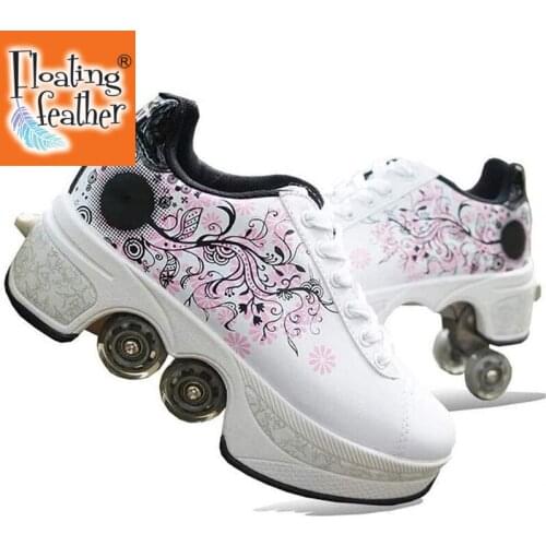 2021 Leather Pink Roller Skates Deformation Shoes with 4 Wheels Adults Unisex Casual Shoes Children Skates Double Wheel Shoes
