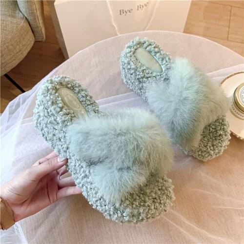 Okkdey 2020 new Women Platform Slipper Home Plush Slippers Women Indoor Wedge Winter Slippers Fur Slides Calzado Mujer
