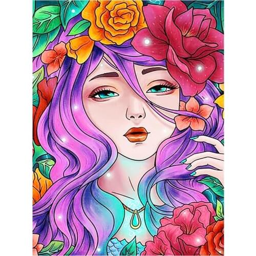 Peony Rose Flowers Beauty Woman Diamond Painting Round Full Drill Floral Portrait DIY Mosaic Embroidery 5D Cross Stitch Cartoon