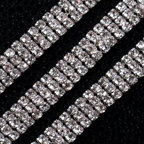 Pulaqi 1 yard 3mm Crystal Rhinestone Cup 3 Rows Chain Silver Base With Claw Dress Decoration Trim Applique Sewing on Garment D
