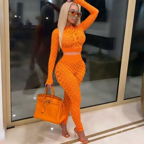 Sexy Hollow Out Sheer 2 Piece Sets Womens Outfits Club Wear Night Party Long Sleeve Crop Top and Pants Leggings Matching Sets