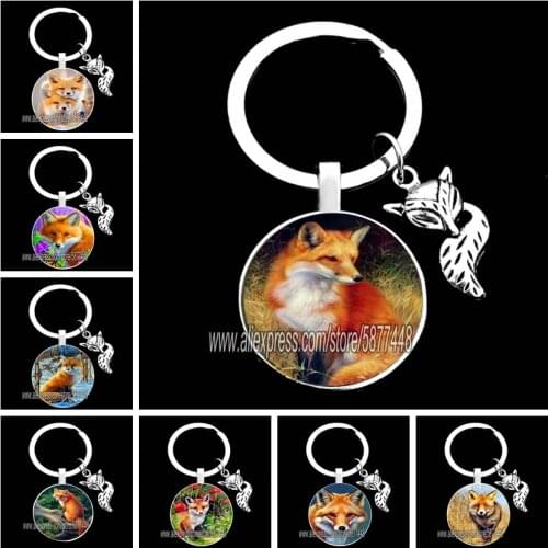 Cartoon Cute Fox and Flower Glass Keychain for Women Lovely Animal Colorful Key Ring for Girl