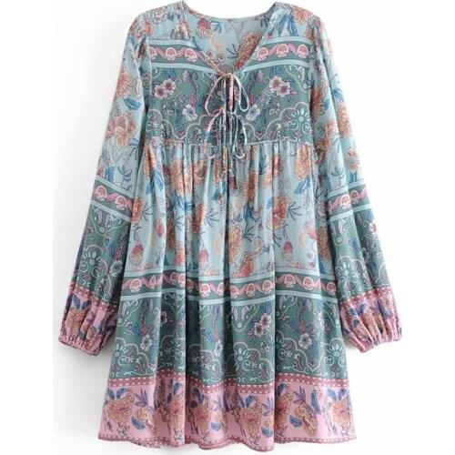 Vintage Chic Women Floral Print Long Sleeve Beach Bohemian Mid-Length dress Ladies Fringed Tassel Summer Boho Dress Soft Fabric