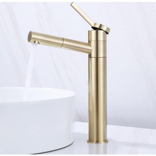 Brush Gold Faucet Bathroom Sink Faucets Hot Cold Water Mixer Crane Deck Mounted Single Hole Bath Tap Rotaion Basin Mixer Brass