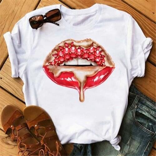 Women T Shirt Fashion Makeup Red Lips In Diamonds Drip Graphic Tee Shirt Women Clothes Aesthetic White Female T-shirt Tops