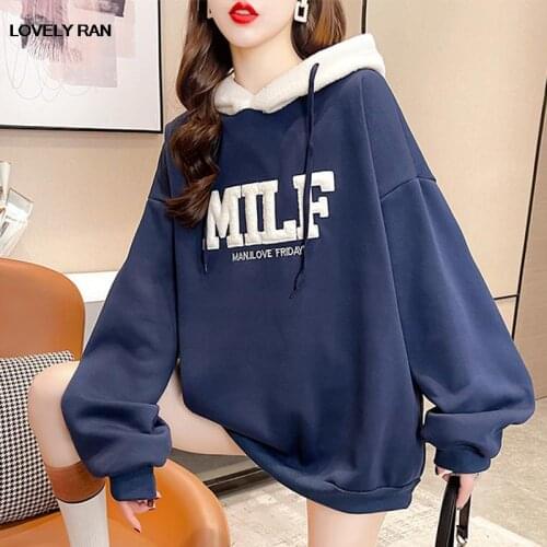 MILF Letter Print Lamb Wool Hoodies Women Fleece Oversize Korean Style Sweatshirts Female 2021 Autumn Girls Casual Pullovers