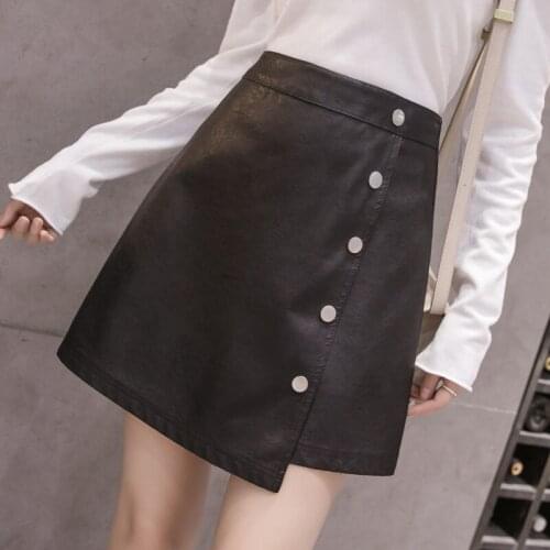 Korean Style Irregular Button Women Leather Skirts Above-knee