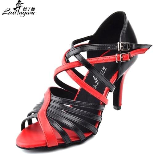 Ladingwu New Brand Artificial Leather Black and Red Dance Shoes Latin Woman Soft Bottom Ballroom Party Dance Shoes Heels