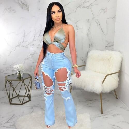 High Waist Washed Hollow Out Ripped Jeans for Women Vintage Push Up Bandage Denim Trouser Hipster Ladies Blue Skinny Club Pants