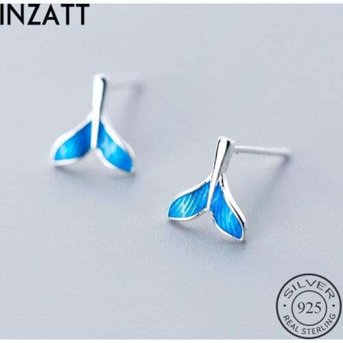 INZATT Real 925 Sterling Silver Blue Enamel Fish Tail Animal Stud Earrings For Fashion Women Party Fine Jewelry Romantic Gift