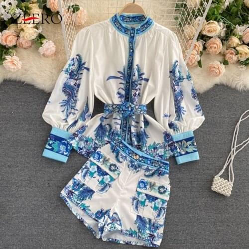 Spring Women Chiffon Printing Two Piece Set Woman Half High Collar Lantern Sleeve Printing Belt Top +Pocket Straight Shorts Suit