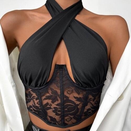 Women Strappy Cross Over Front Cut Out Halter Neck Sleeveless Backless Crop Top Bandage Vest Summer Sexy Lace Stitching Tops
